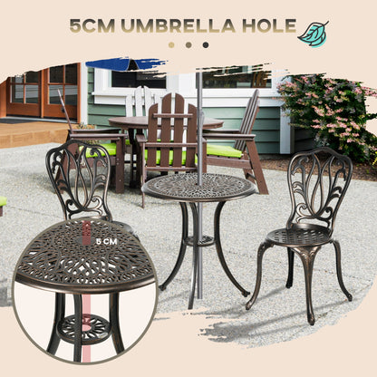 Outsunny 3-częściowy zestaw ogrodowy Bistro z aluminium Zestaw mebli ogrodowych na 2 krzesła tarasowe i stół z otworem na parasol w odcieniu brązu