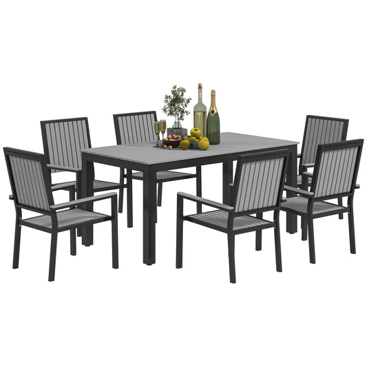 Outsunny 6 Seater Garden Dining Set with Stackable Chairs, Aluminium Frame, Rectangular Plastic Top, Garden Furniture Set, Outdoor Dining Table and Chairs for Patio, Balcony, Poolside, Grey