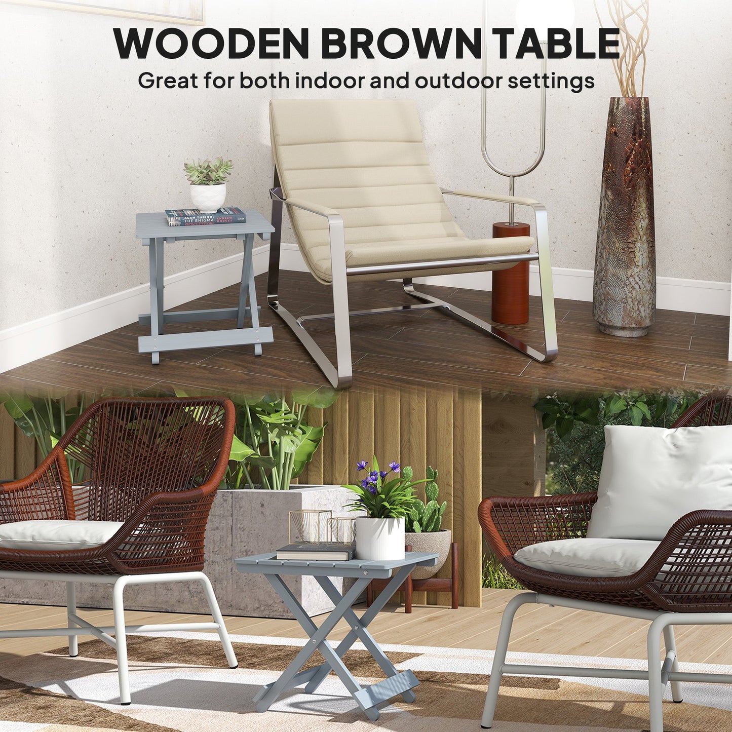 Outsunny Fir Wood Folding Coffee Table, Lightweight Small Garden Table with Slatted Top, Portable Folding Side Table for Balcony