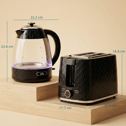 HOMCOM Kettle and Toaster Set, 1.7L 3000W Rapid Kettle with Limescale Filter, 2 Slice Toaster with 7 Browning Controls, Black