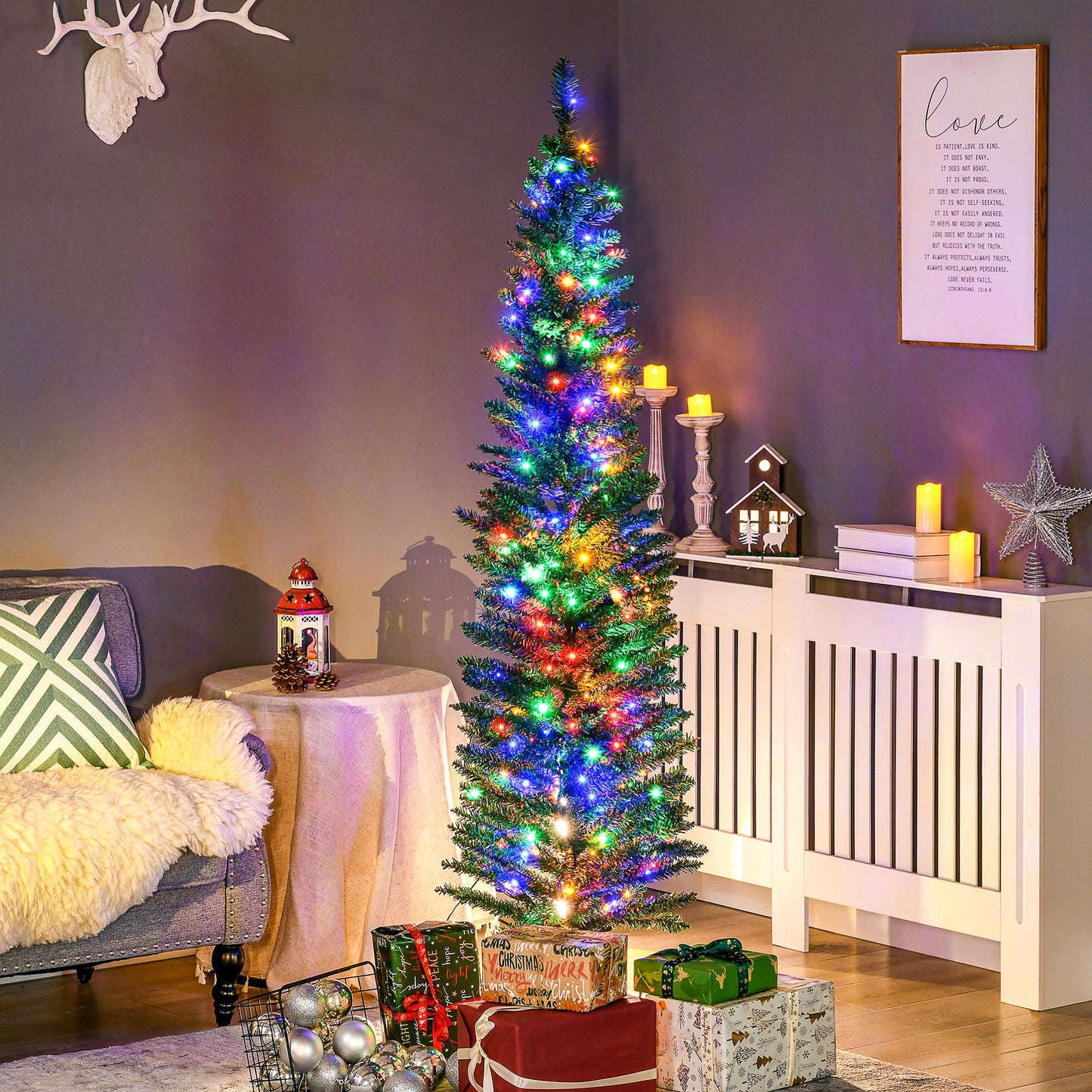 HOMCOM 6' Artificial Prelit Christmas Trees Holiday DŽcor with Colourful LED Lights, Pencil Shape, Steel Base