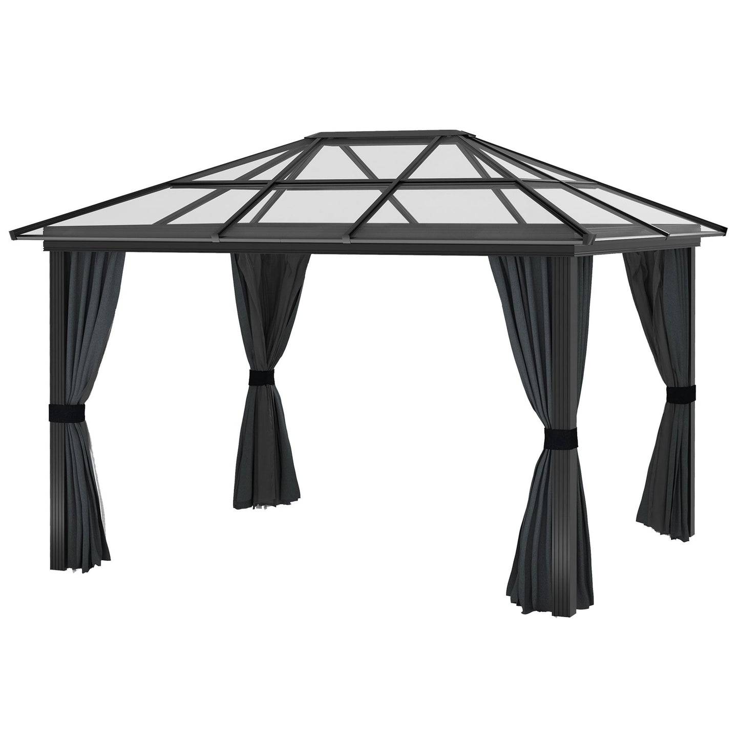 Outsunny 3 x 3.6m Hardtop Gazebo Canopy with Polycarbonate Roof, Aluminium Frame, Permanent Pavilion Garden Gazebo with Netting and Curtains for Patio, Deck, Dark Grey