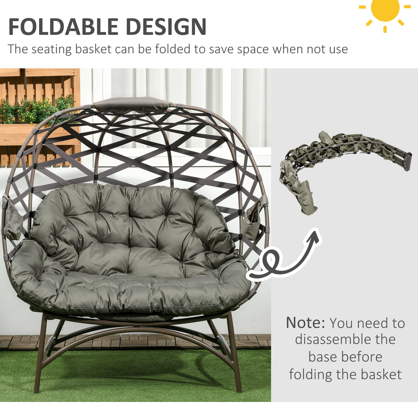 Fotel ogrodowy Outsunny 2-osobowy Egg Chair Outdoor, składany, pleciony, z poduszką i kieszeniami na kubki – piaskowo-brązowy