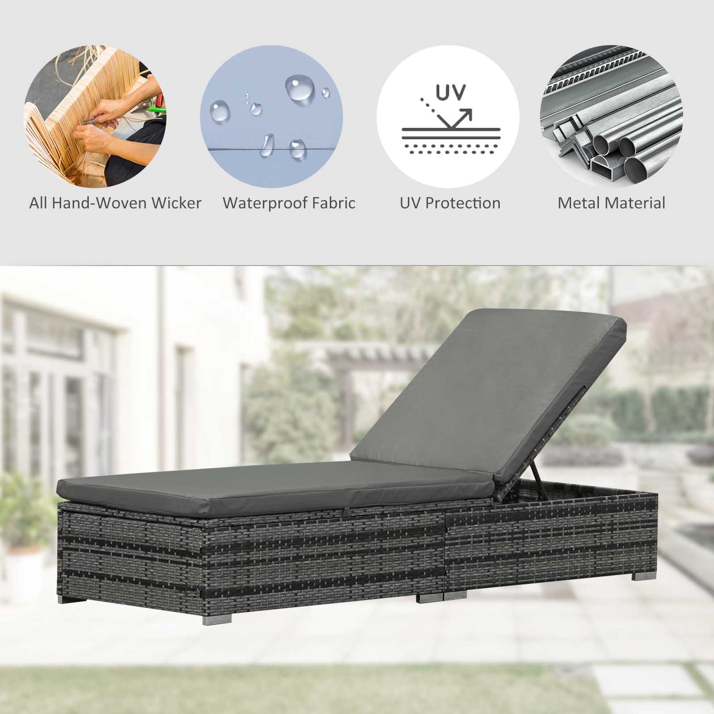 Outsunny Rattan Outdoor Garden Leżak z funkcją odchylania Szary