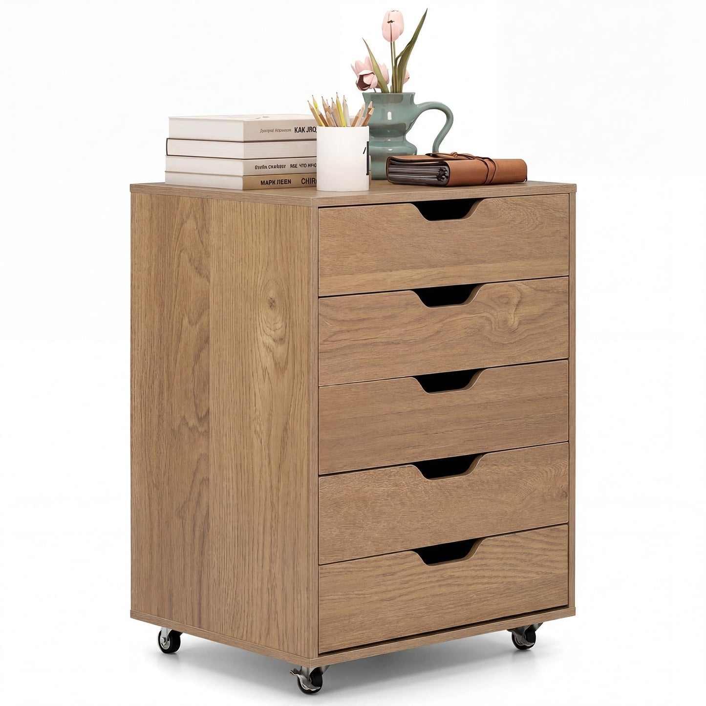 5 Drawer Chest with Lockable Wheels for Home Office-Natural