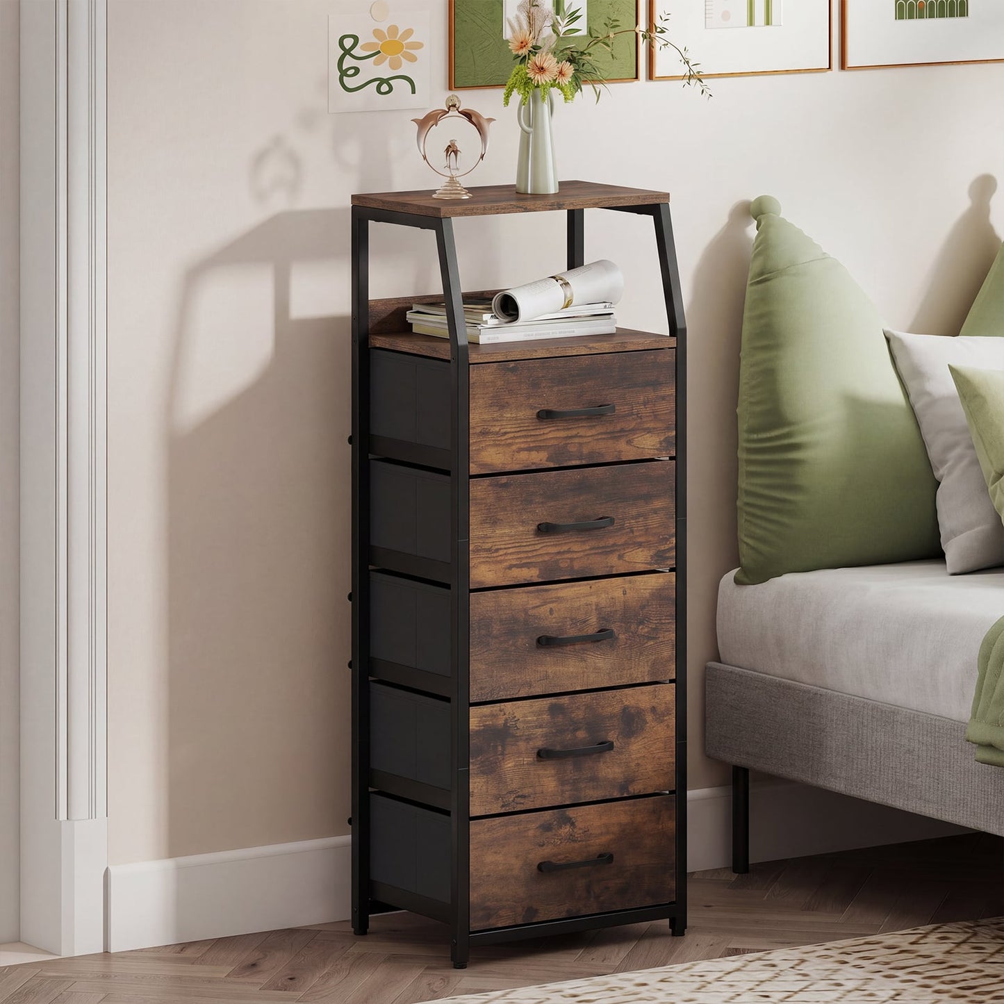 5-Drawer Storage Cabinet with Detachable Foldable Fabric Drawers and Anti-Tipping Kits-Rustic Brown