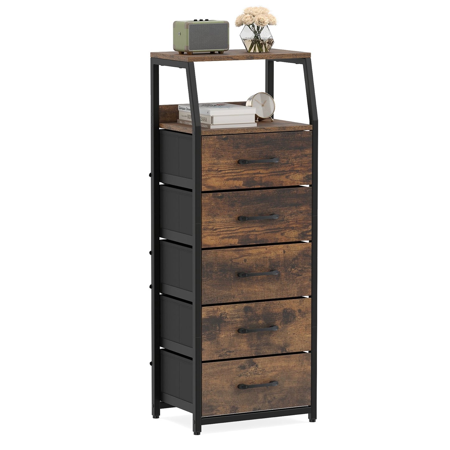 5-Drawer Storage Cabinet with Detachable Foldable Fabric Drawers and Anti-Tipping Kits-Rustic Brown