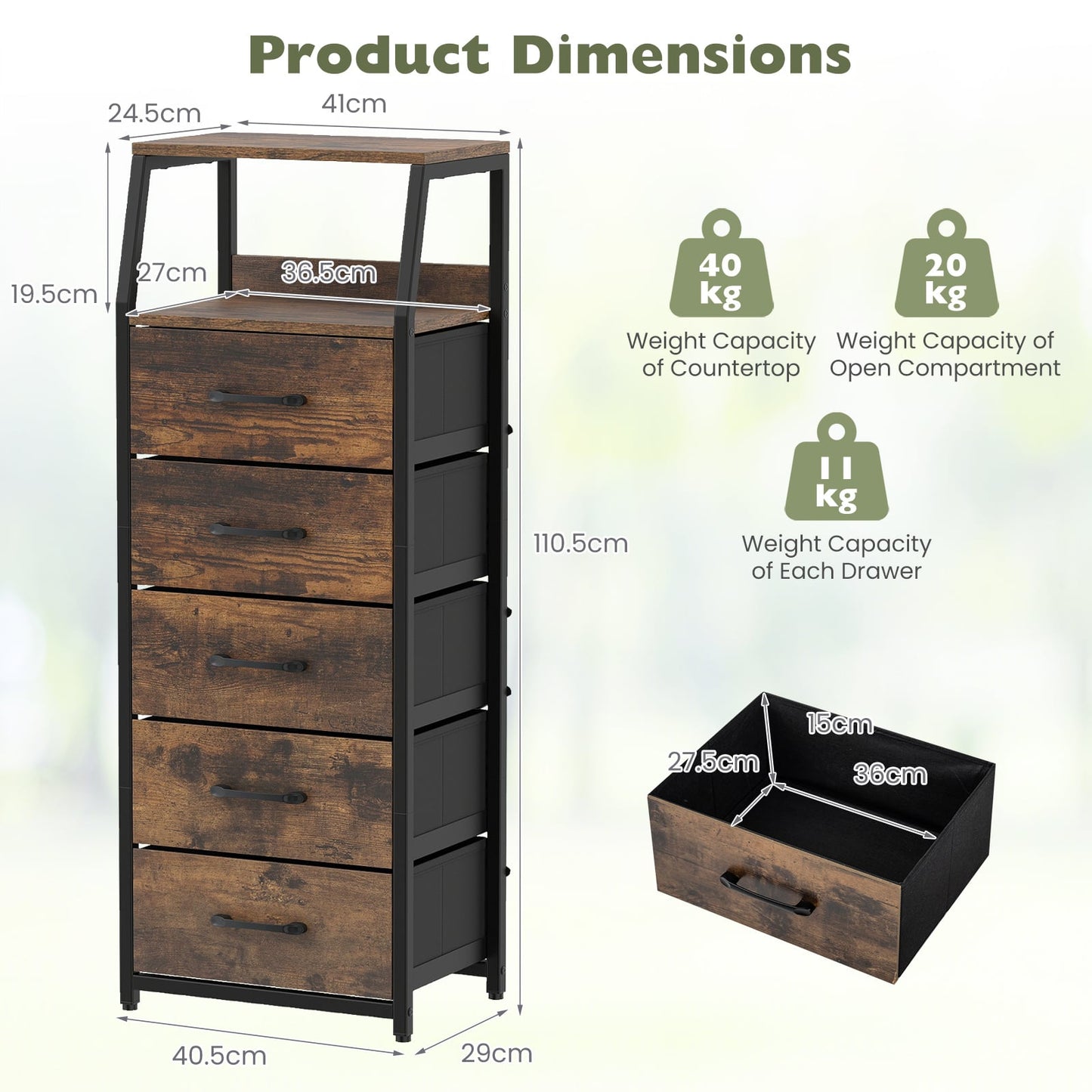 5-Drawer Storage Cabinet with Detachable Foldable Fabric Drawers and Anti-Tipping Kits-Rustic Brown