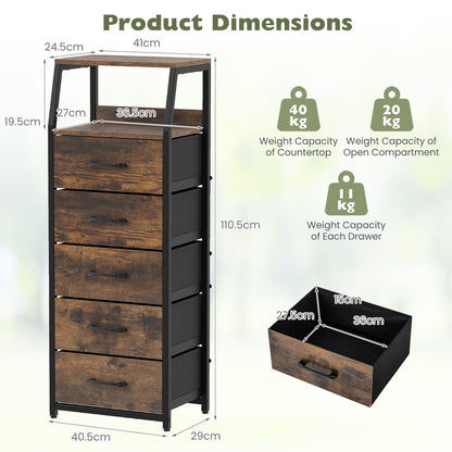 5-Drawer Storage Cabinet with Detachable Foldable Fabric Drawers and Anti-Tipping Kits-Rustic Brown