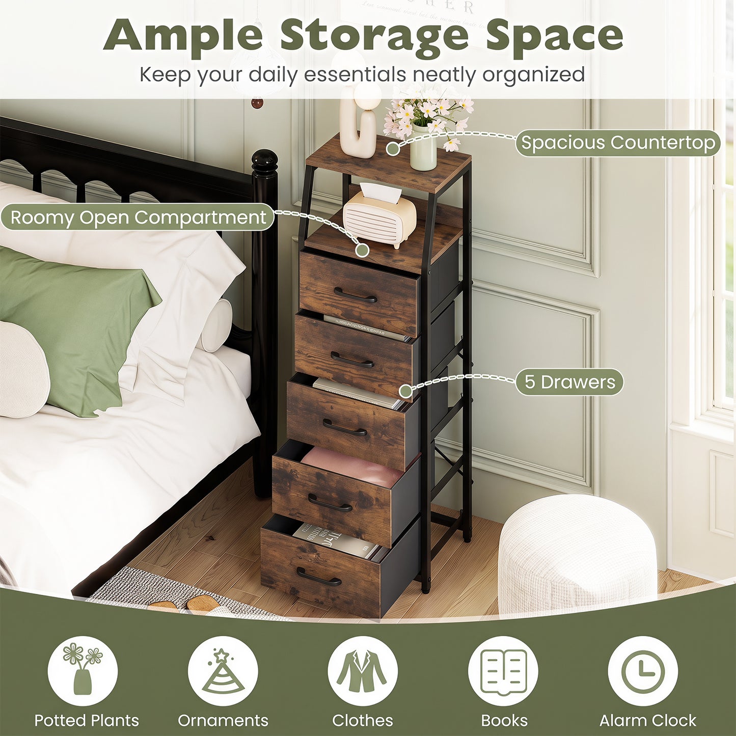 5-Drawer Storage Cabinet with Detachable Foldable Fabric Drawers and Anti-Tipping Kits-Rustic Brown
