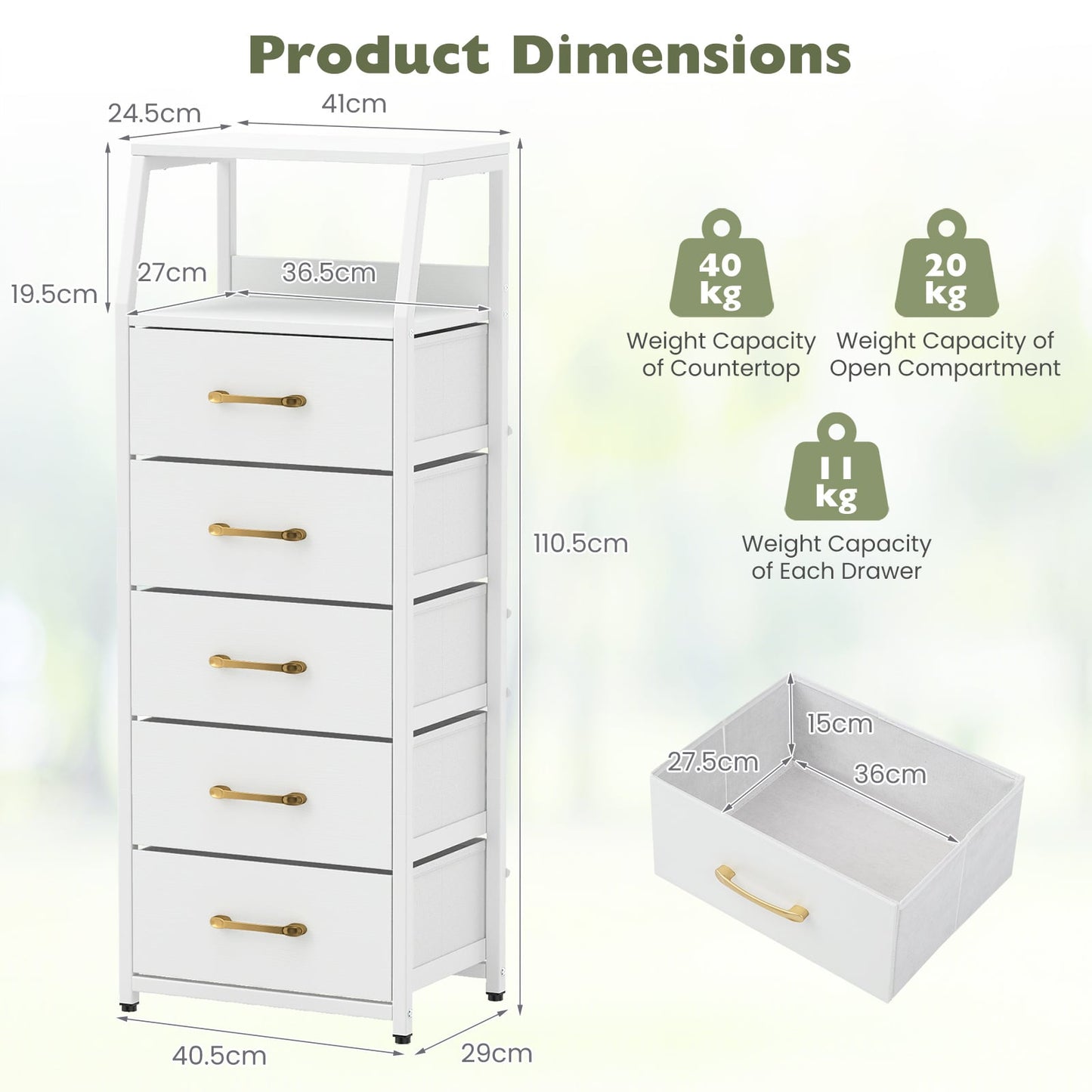 5-Drawer Storage Cabinet with Detachable Foldable Fabric Drawers and Anti-Tipping Kits-White