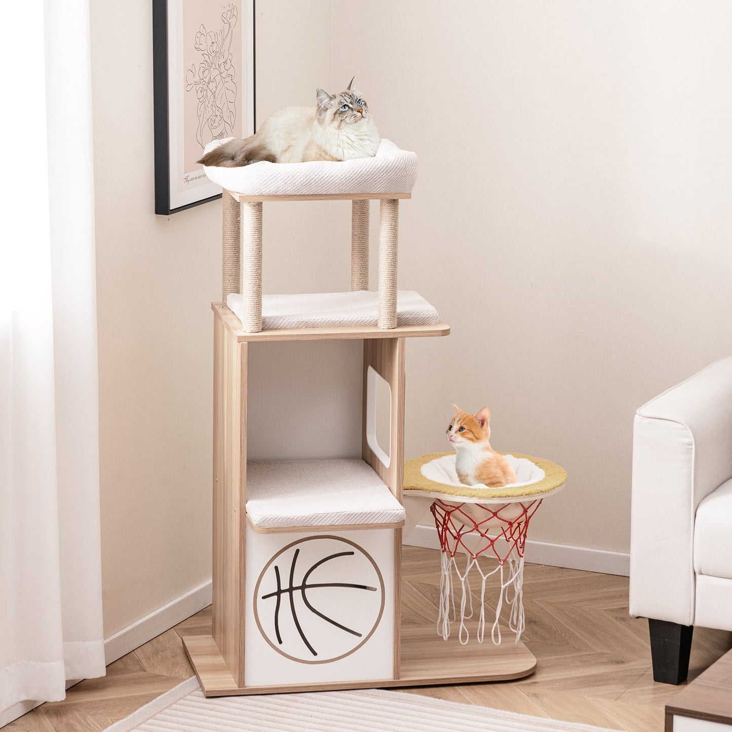 5-Layer Sports-Themed Cat Tower with 2 Cat Condos and Basketball Hoop Hammock-Natural