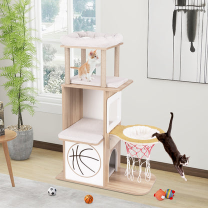 5-Layer Sports-Themed Cat Tower with 2 Cat Condos and Basketball Hoop Hammock-Natural