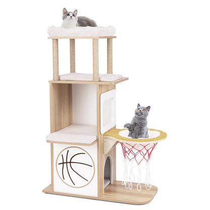 5-Layer Sports-Themed Cat Tower with 2 Cat Condos and Basketball Hoop Hammock-Natural