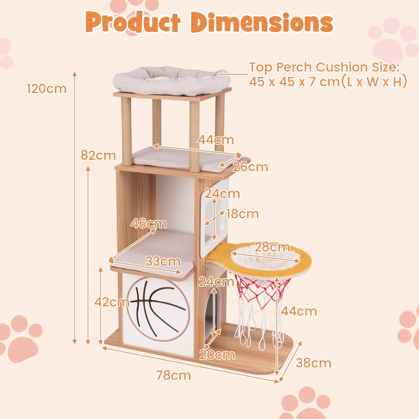 5-Layer Sports-Themed Cat Tower with 2 Cat Condos and Basketball Hoop Hammock-Natural