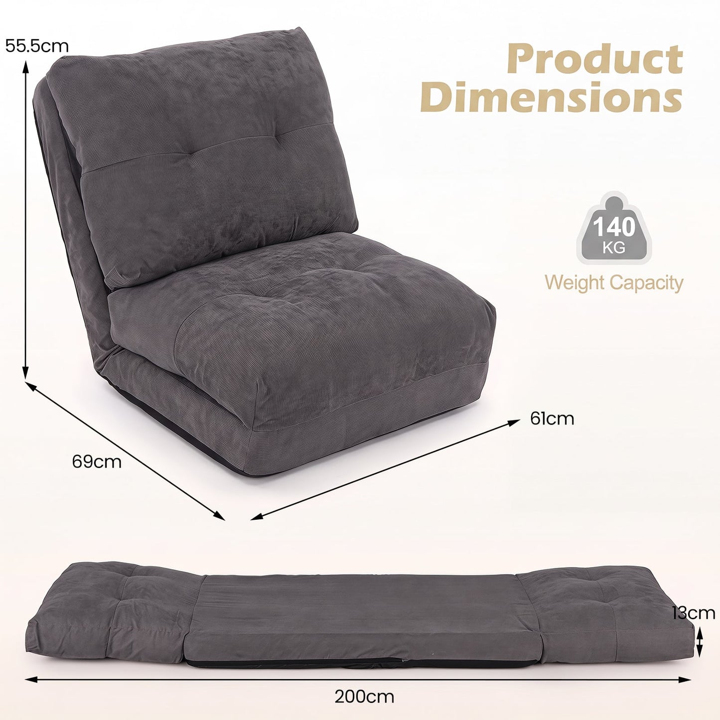 5-Level Adjustable Floor Chair for Adults with Back Support and Comfy Padded Cushions-Grey