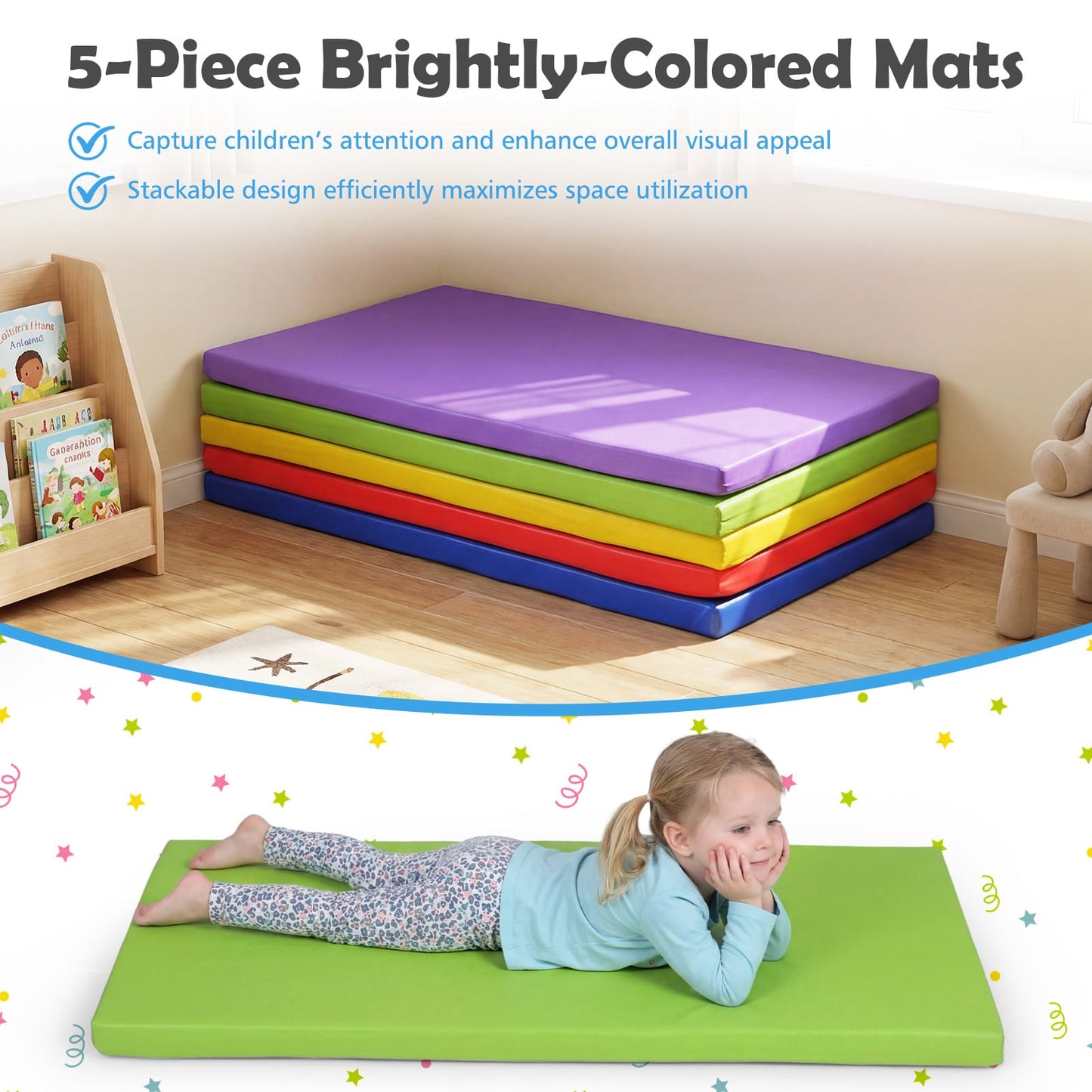 5-Pack Kids Nap Mats 5.5 CM Thick Sponge Rest Mats with PU Covers for Toddlers-Rainbow