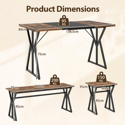 5-Piece Dining Room Set for 4-6 People Industrial Rectangular Kitchen Table with 2 Benches and 2 Stools-Rustic Brown