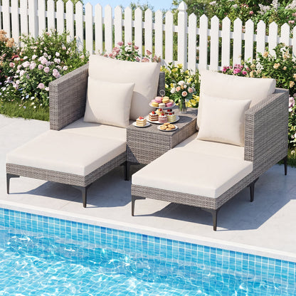 5-Piece Patio Conversation Set with 2 Armchairs 2 Ottomans and Side Table-Beige