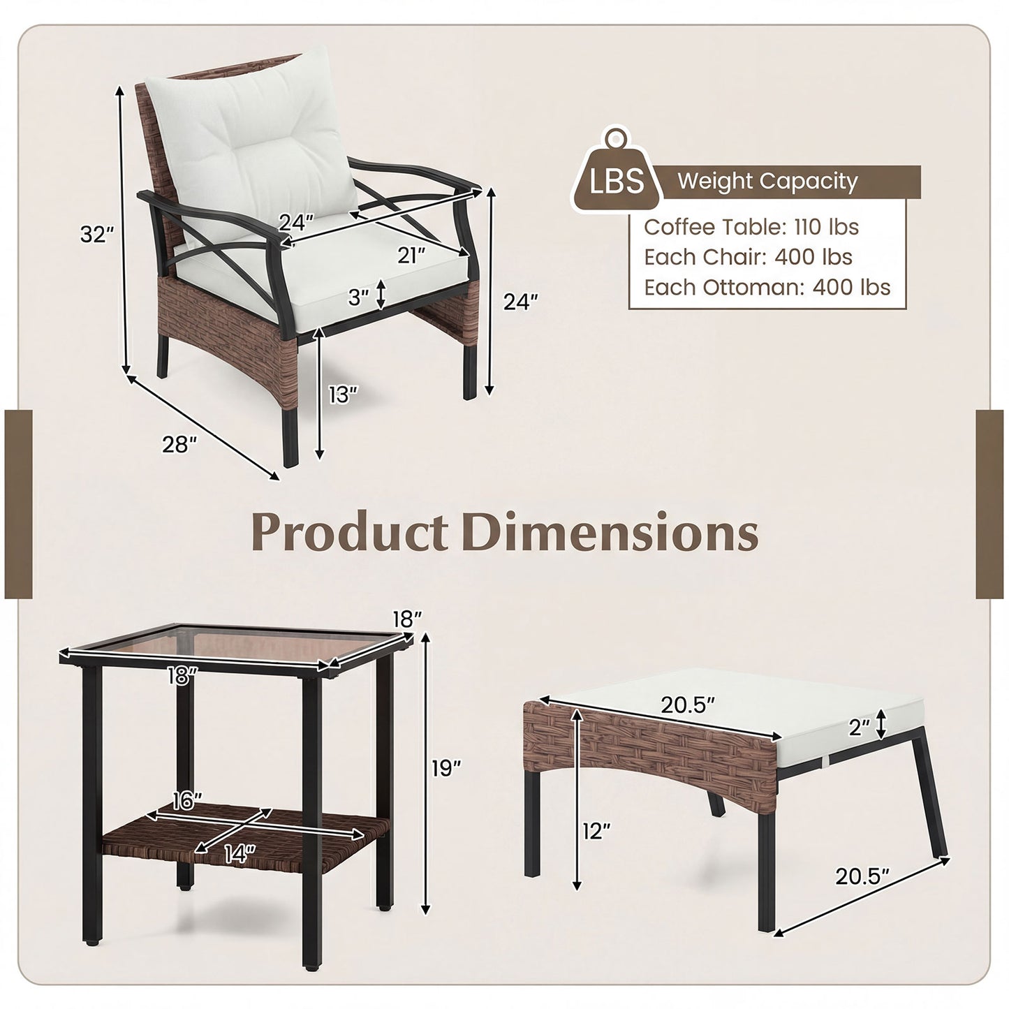 5 Piece Patio Furniture Set with Soft Seat and Back Cushions Included-Beige