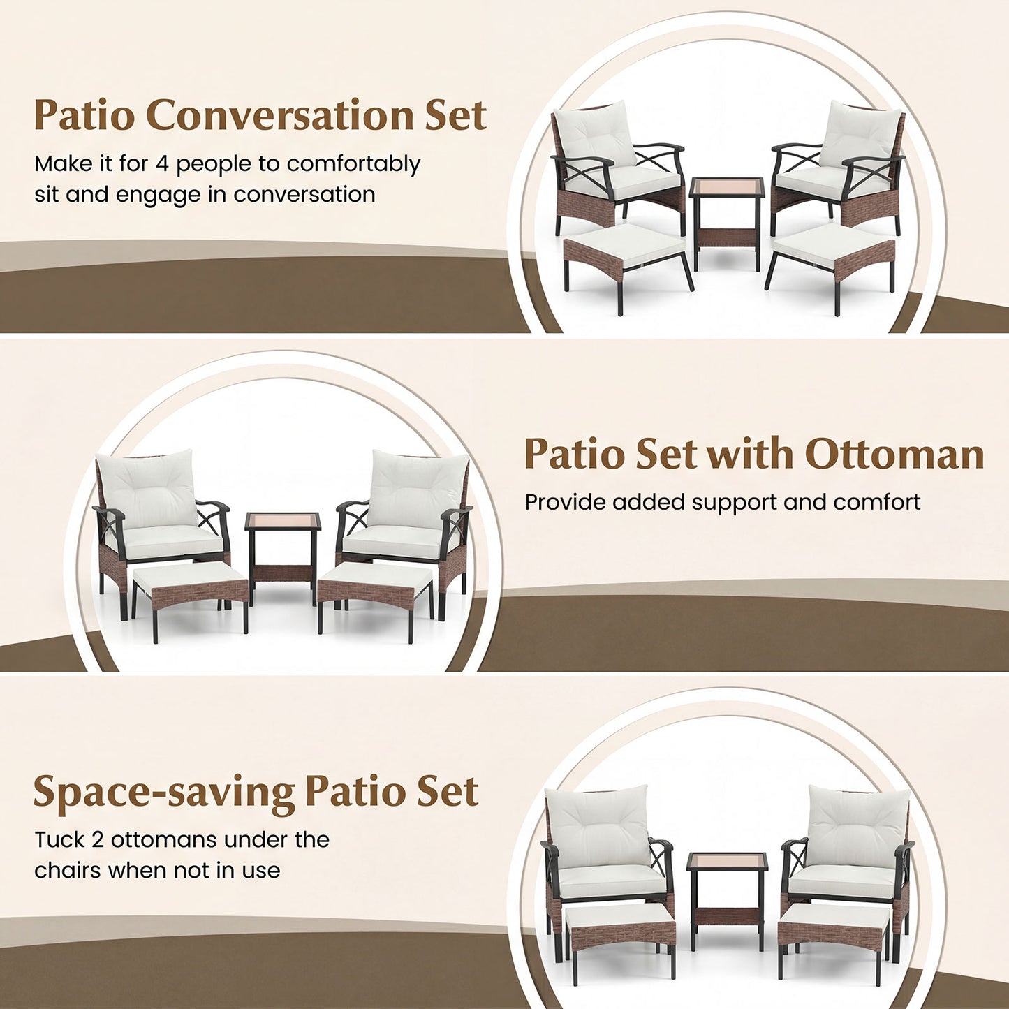 5 Piece Patio Furniture Set with Soft Seat and Back Cushions Included-Beige