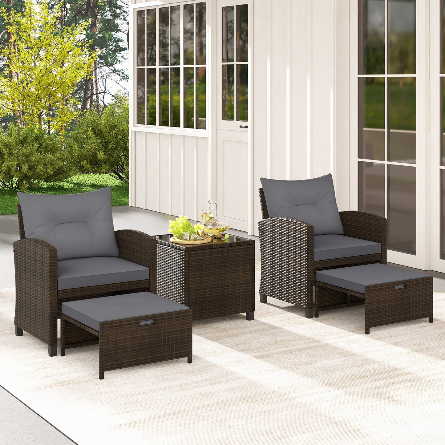 5-Piece Patio Rattan Furniture Set with Ottomans and Coffee Table for Backyard-Grey