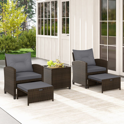 5-Piece Patio Rattan Furniture Set with Ottomans and Coffee Table for Backyard-Grey