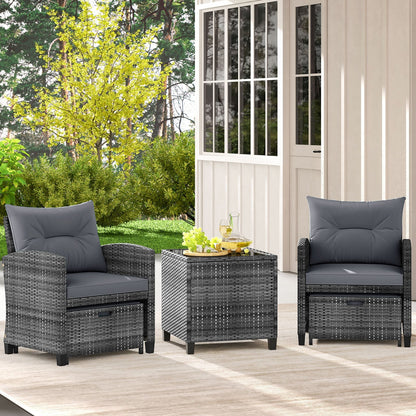 5 Piece Wicker Patio Furniture Set with 2 Cushioned Chairs and 2 Ottomans-Dark Grey