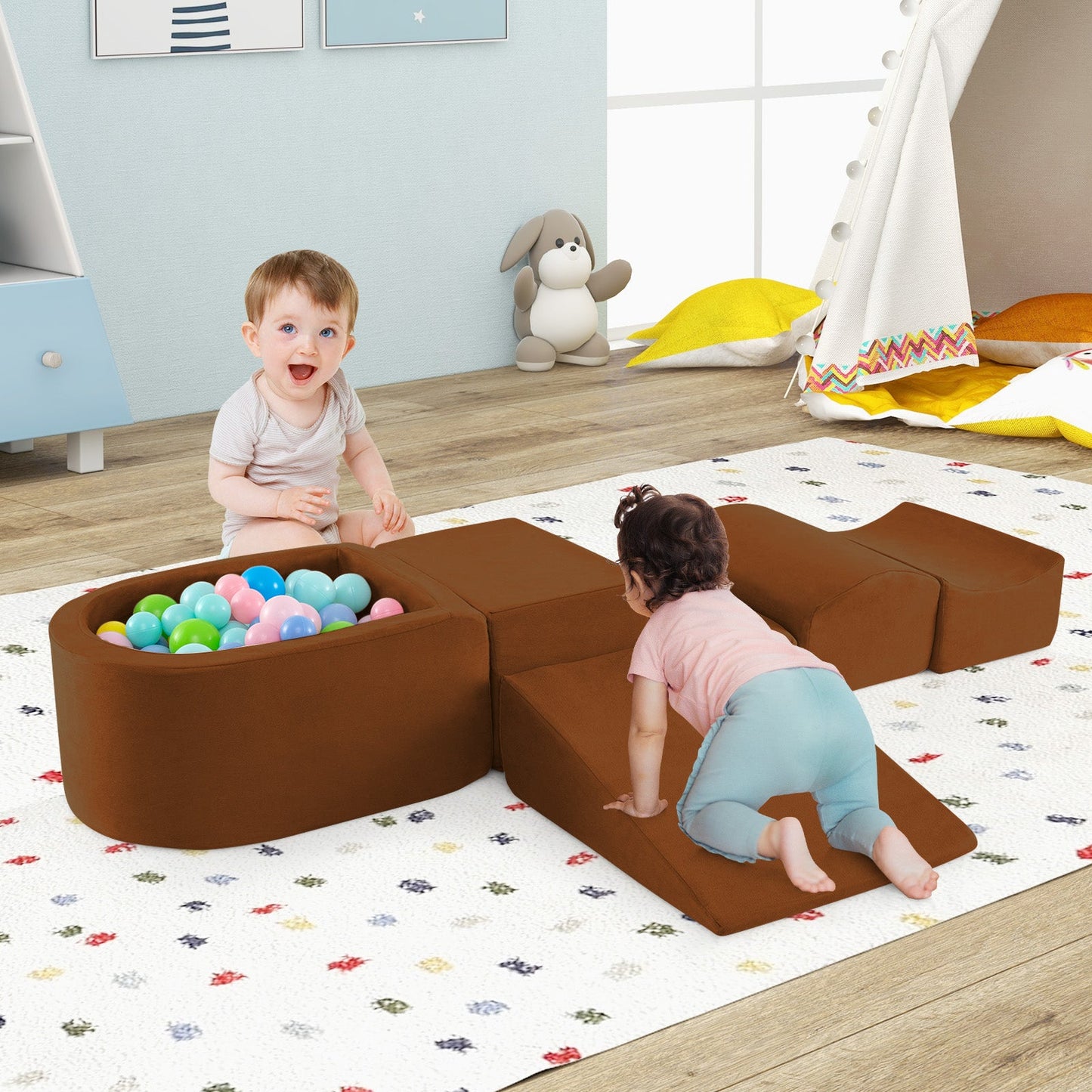 5-Piece Climb and Crawl Playset with Ball Pit for Kids-Brown