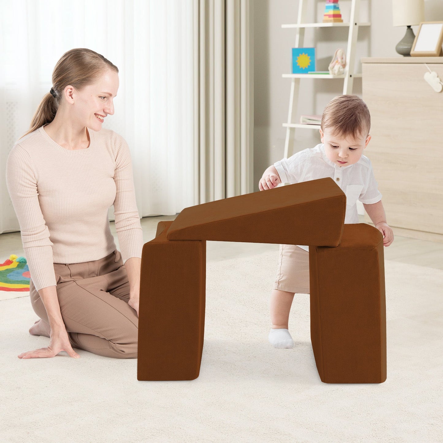 5-Piece Climb and Crawl Playset with Ball Pit for Kids-Brown