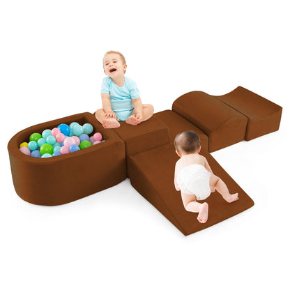 5-Piece Climb and Crawl Playset with Ball Pit for Kids-Brown
