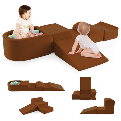 5-Piece Climb and Crawl Playset with Ball Pit for Kids-Brown