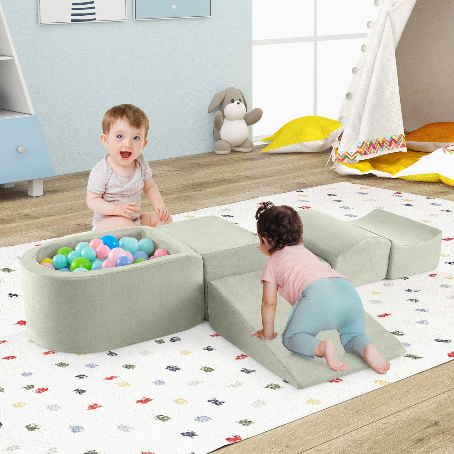 5-Piece Climb and Crawl Playset with Ball Pit for Kids-Green