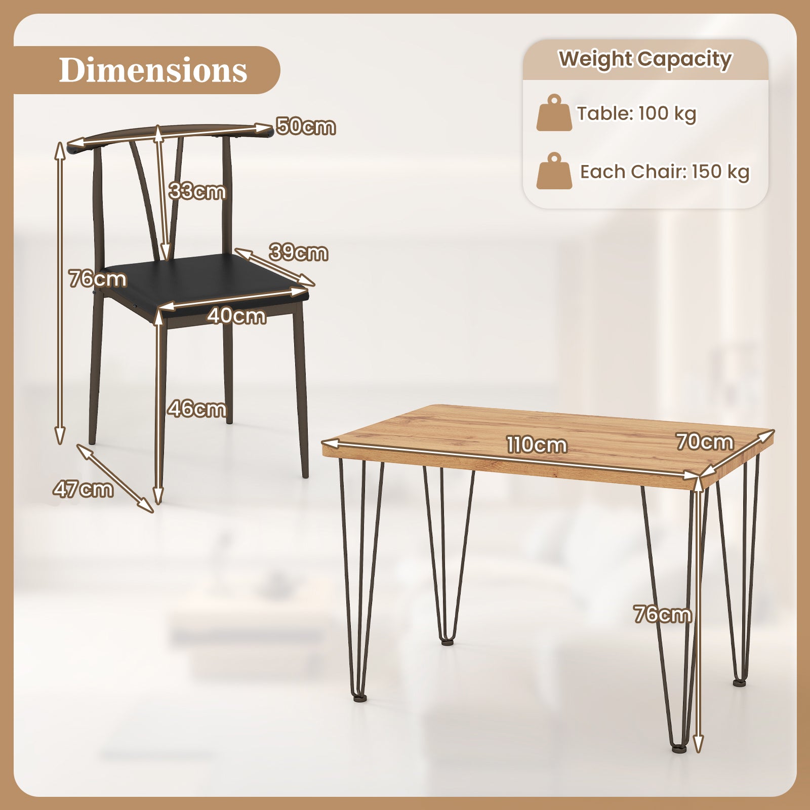 5-Piece Dining Table Set wuth Upholstered Seat and Metal Frame-Coffee