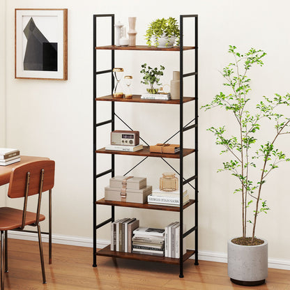5-Tier 160 cm Tall Bookcase with Industrial Shelves and Metal Frame for Home Office-Brown