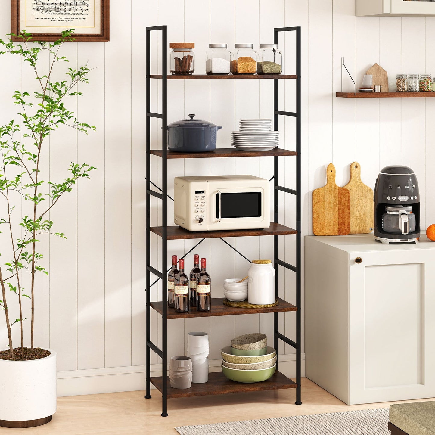 5-Tier 160 cm Tall Bookcase with Industrial Shelves and Metal Frame for Home Office-Brown