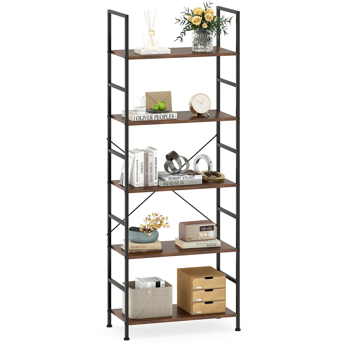 5-Tier 160 cm Tall Bookcase with Industrial Shelves and Metal Frame for Home Office-Brown