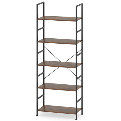5-Tier 160 cm Tall Bookcase with Industrial Shelves and Metal Frame for Home Office-Brown