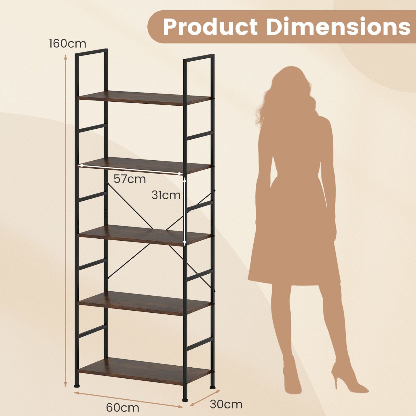 5-Tier 160 cm Tall Bookcase with Industrial Shelves and Metal Frame for Home Office-Brown