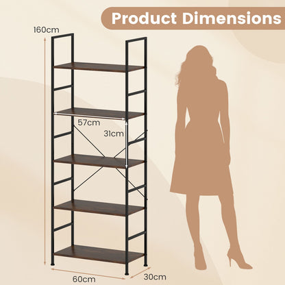 5-Tier 160 cm Tall Bookcase with Industrial Shelves and Metal Frame for Home Office-Brown