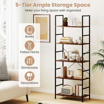 5-Tier 160 cm Tall Bookcase with Industrial Shelves and Metal Frame for Home Office-Brown