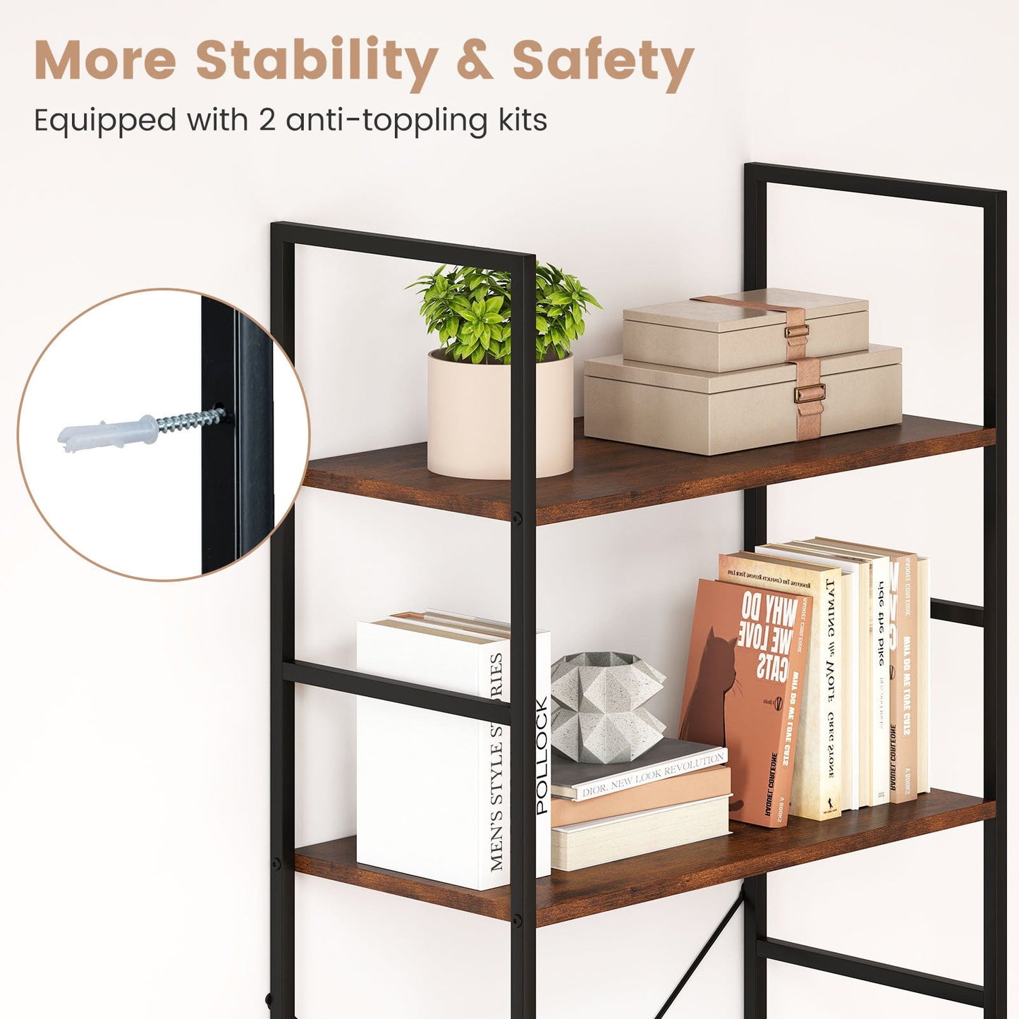 5-Tier 160 cm Tall Bookcase with Industrial Shelves and Metal Frame for Home Office-Brown