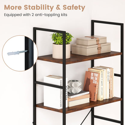 5-Tier 160 cm Tall Bookcase with Industrial Shelves and Metal Frame for Home Office-Brown