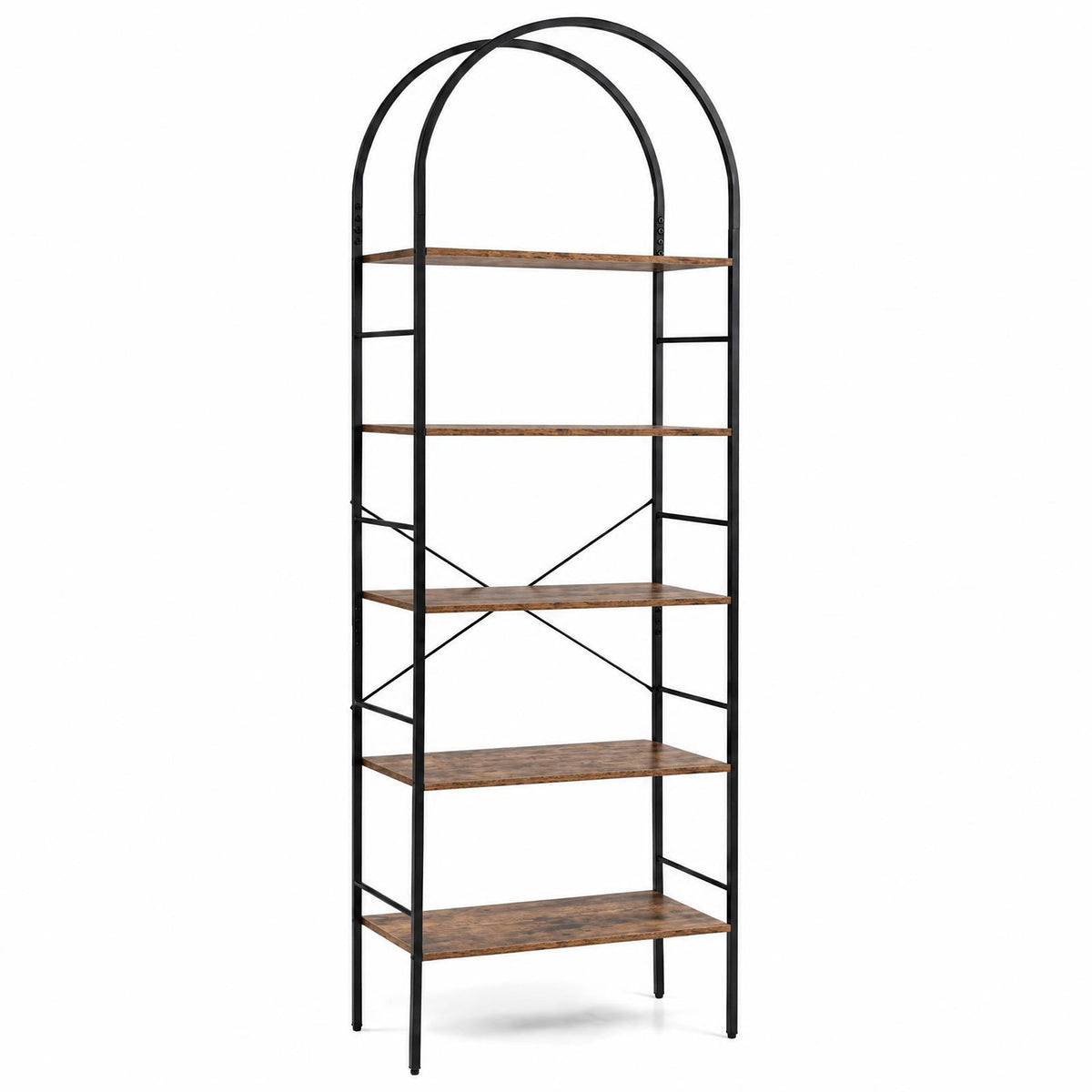 5-Tier Arched Bookcase with Open Wooden Shelves with Metal Frame-Rusticbrown