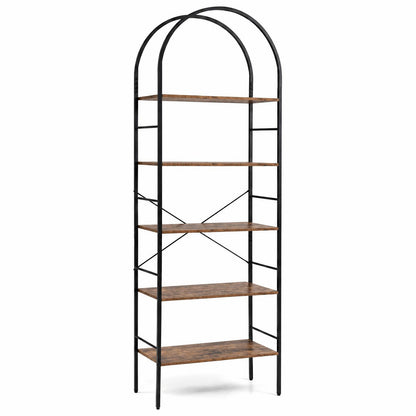5-Tier Arched Bookcase with Open Wooden Shelves with Metal Frame-Rusticbrown