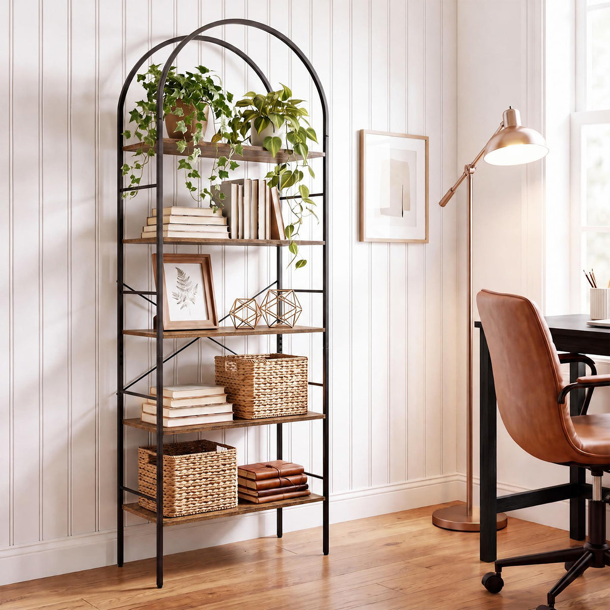 5-Tier Arched Bookcase with Open Wooden Shelves with Metal Frame-Rusticbrown