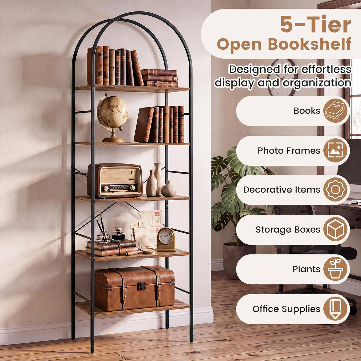 5-Tier Arched Bookcase with Open Wooden Shelves with Metal Frame-Rusticbrown