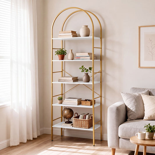 5-Tier Arched Bookcase with Open Wooden Shelves with Metal Frame-White & Gold