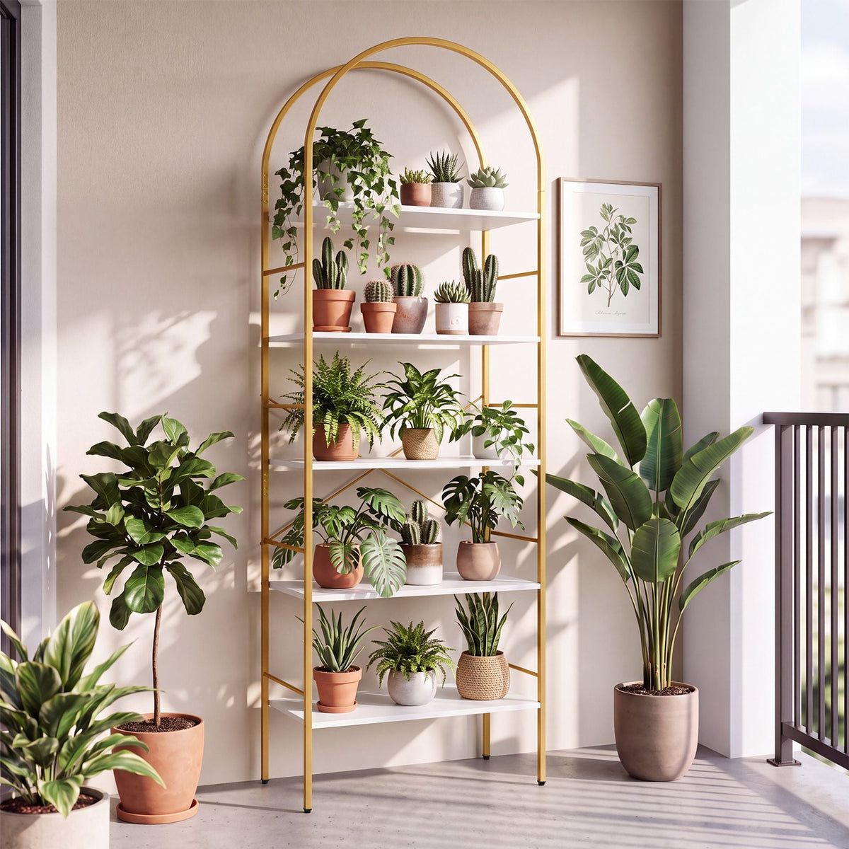 5-Tier Arched Bookcase with Open Wooden Shelves with Metal Frame-White & Gold