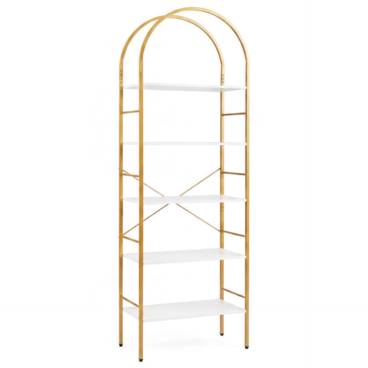 5-Tier Arched Bookcase with Open Wooden Shelves with Metal Frame-White & Gold